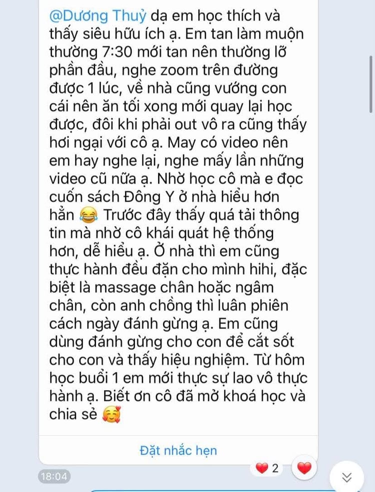 Học viên chia sẻ áp dụng bài học vào thực tế: đọc sách Đông y dễ hiểu hơn, đánh gừng hạ sốt cho con hiệu quả