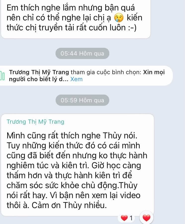 Học viên Trương Thị Mỹ Trang cảm ơn và chia sẻ đã thực hành chăm sóc sức khoẻ chủ động sau khoá học