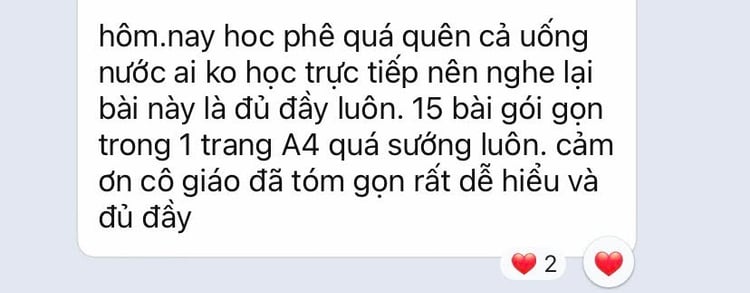 Học viên nhận xét kiến thức cô Thuỷ chia sẻ rất thấm vì đến từ trải nghiệm thực tế